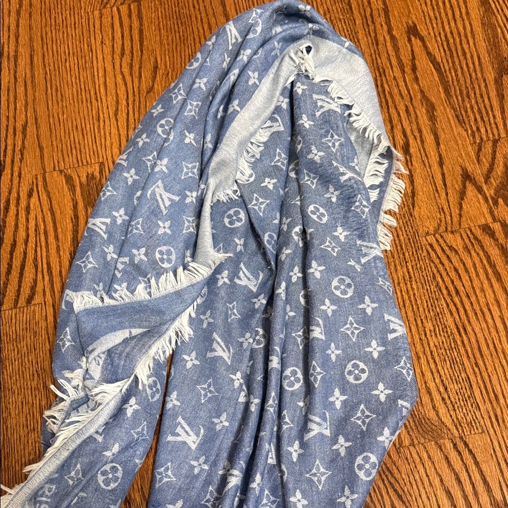 Used Light Blue and White Monogram Shawl and matching wristlet